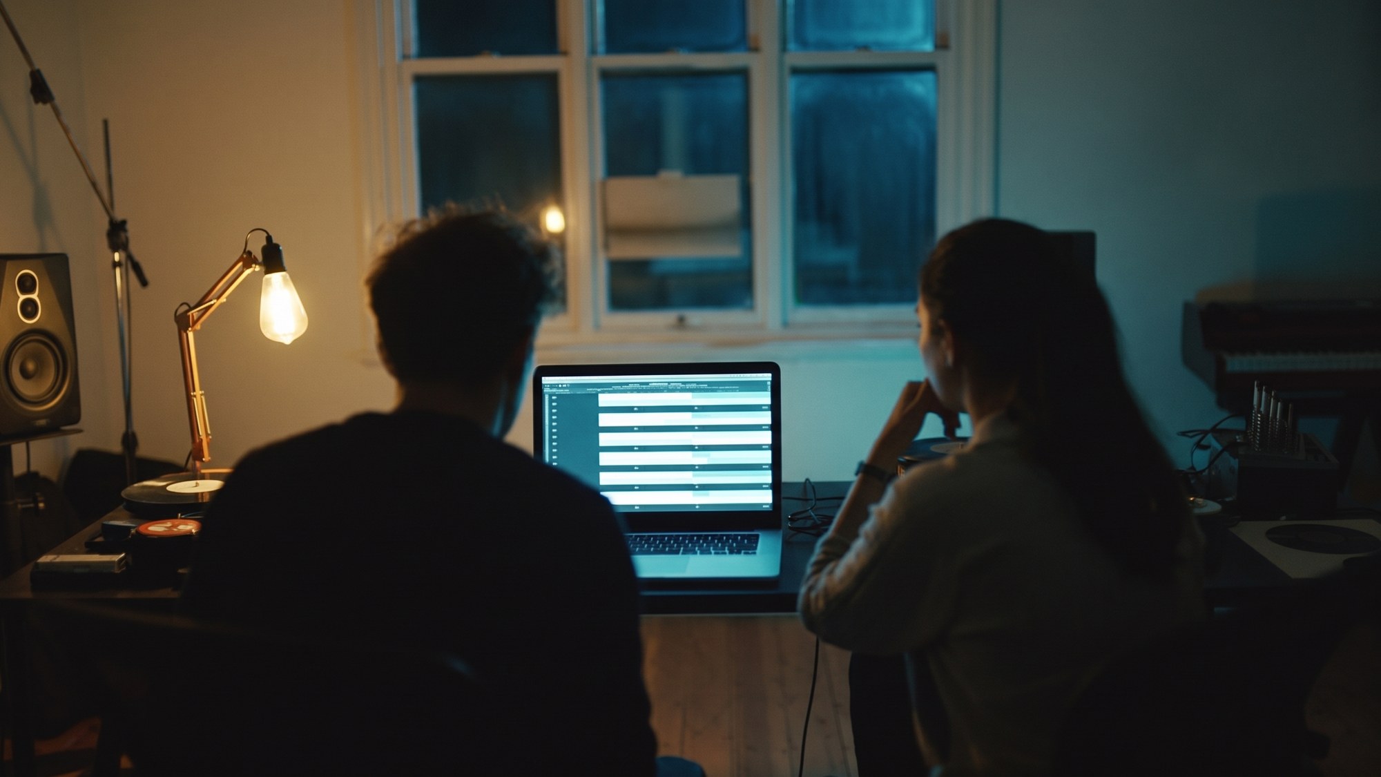 A label team reviewing royalty analytics on screen in a warm loft office